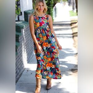 Teal & Maroon Flat Floral Fit and Flare Sleeveless Maxi Dress